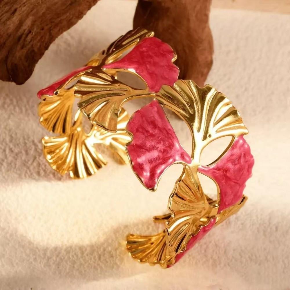 Enamel Material Ginkgo Leaf Bracelet Gold Color Statement Jewelry Enamel Cuff Bracelet Gift Giving