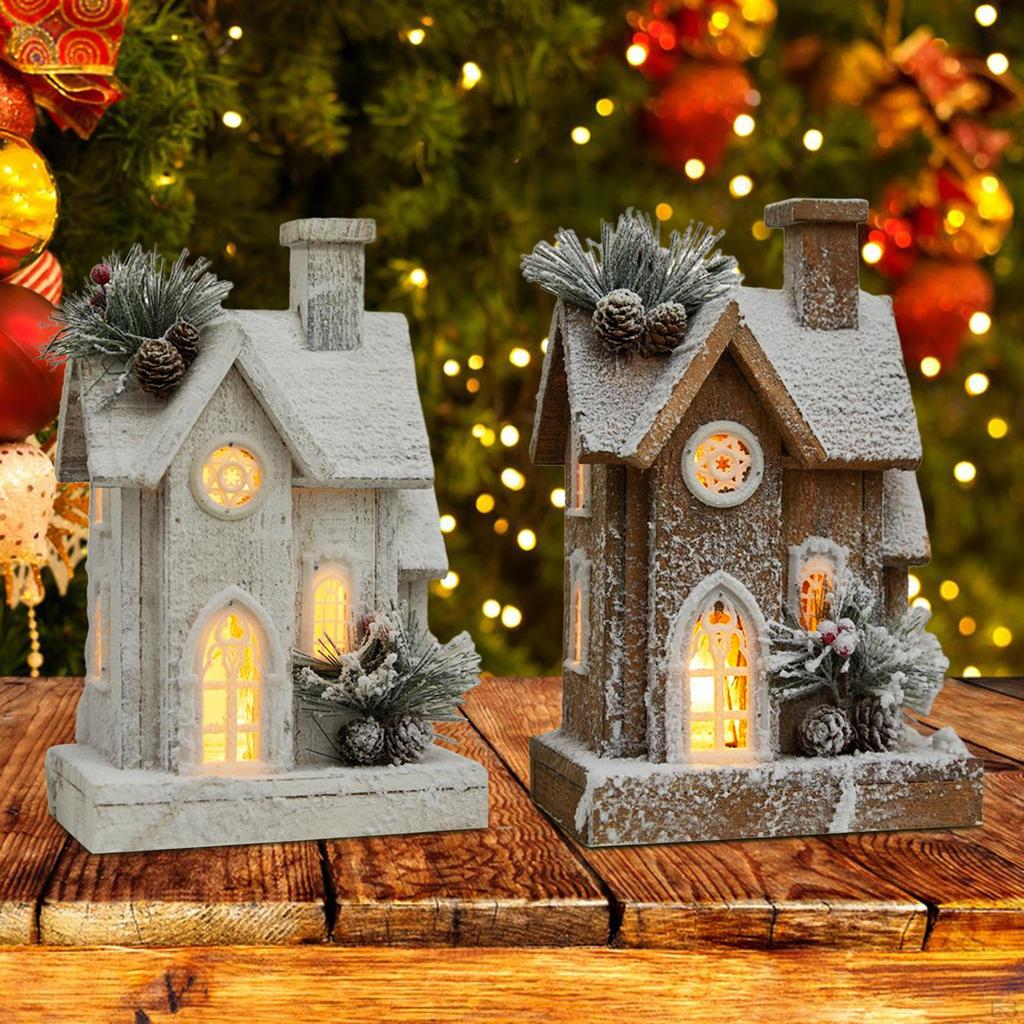 Christmas Snow House Statue Decor with Light, Craft, Wooden Village Figurine,