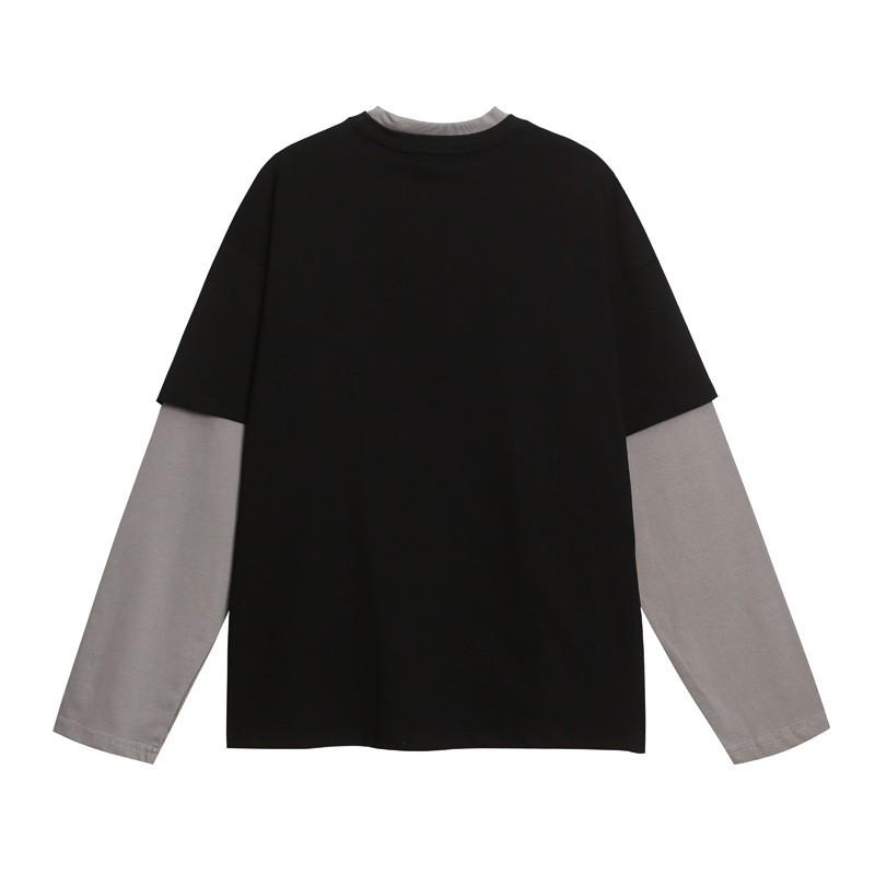 Unisex Oversized Long Sleeve Tee With Retro Letter Print Mock Layered Design Cotton Blend Streetwear Style