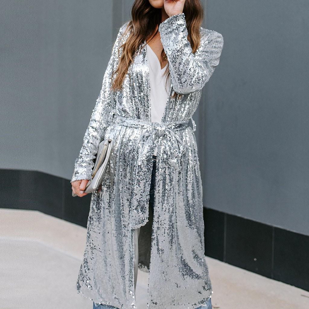 Women's Fashion Casual Sequins Long Button Belt Coat Cardigan