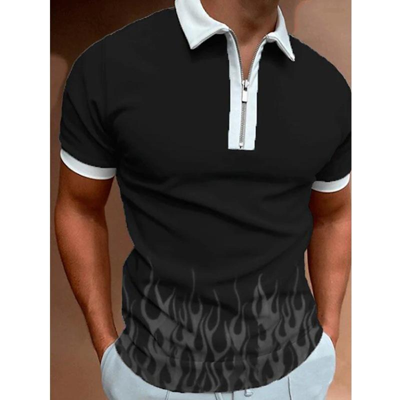 Trendy Short-sleeve Polo Shirt with Checkered Graphic, Zipper Collar, Stylish 2 Tone Design.