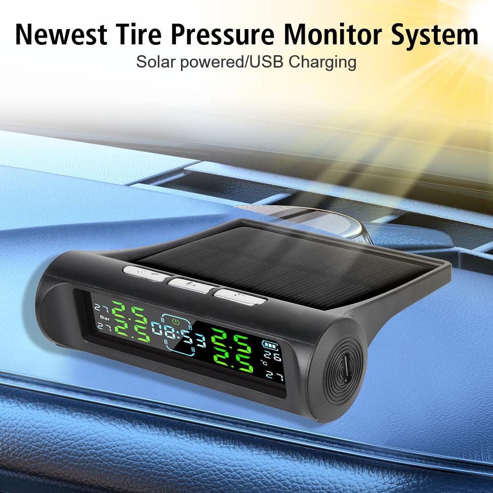 Система контроля давления в шинах автомобиля 0-6 бар Цифровой ЖК-дисплей с цифровыми часами USB / Солнечная TPMS Автомобильные системы охранной сигнализации