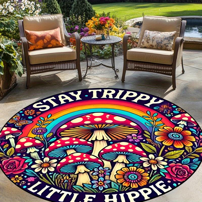 VIKAMA Stay Trippy Little Hippie Круглый ковер для пола Психоделический гриб Цветок Нескользящий коврик для пола для гостиной Коврик для патио