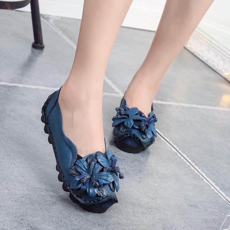 Yellow Red Black Blue Spring Summer Autumn Casual Sandals Handmade Flower Shoes Women's Flat Bottom Shoes Genuine Leather Shoes Soft