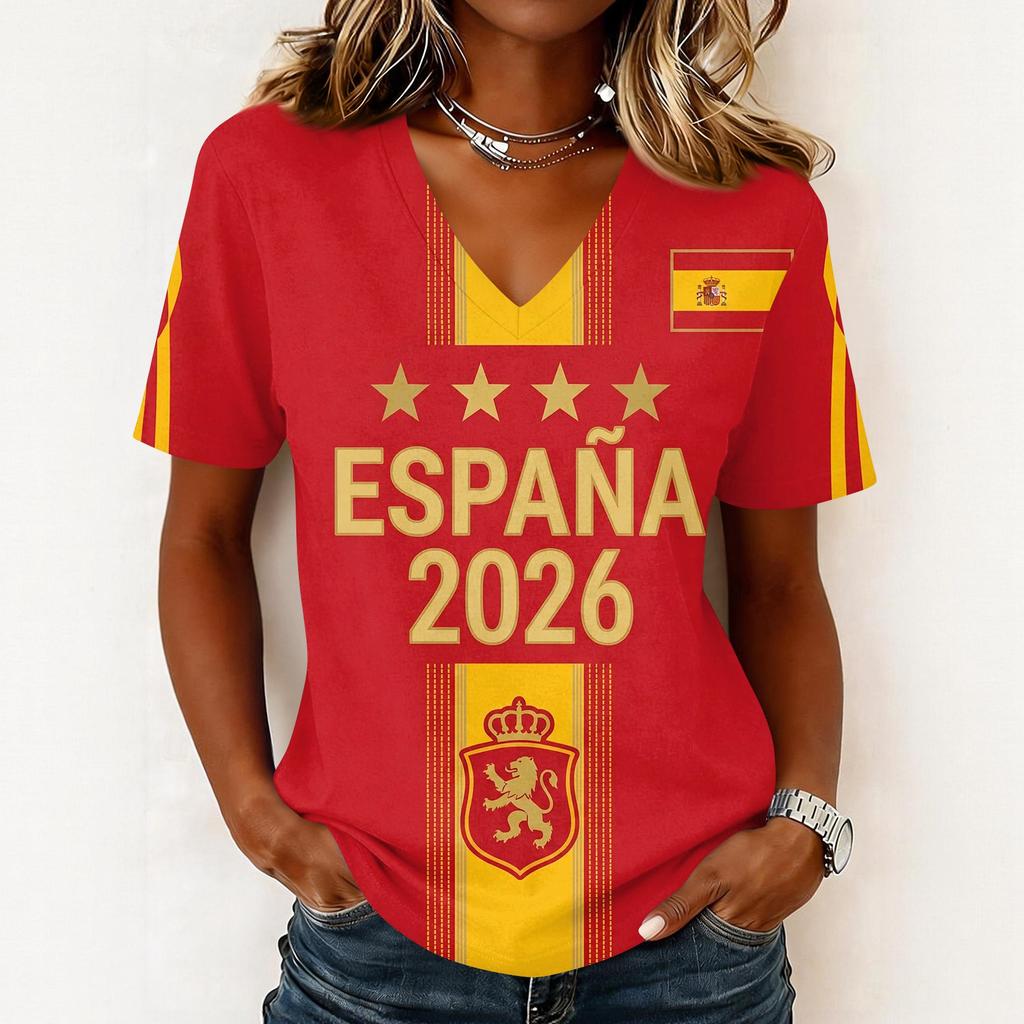 Women's Short Sleeve V-Neck T-Shirt with Soccer Flag Print for Casual Day Wear