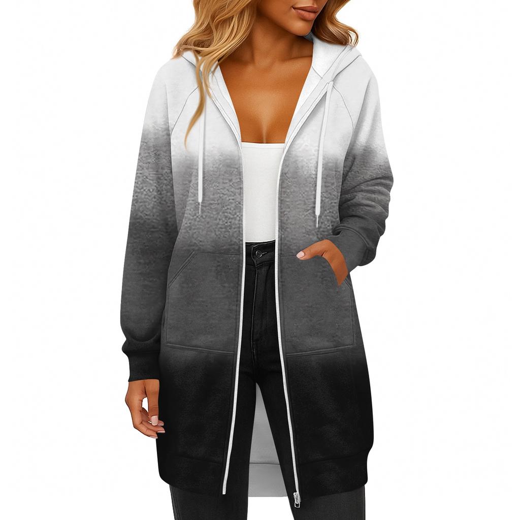 Women's Fashionable Printed Long Sleeved Drawstring Hooded Zipper Pocket Long Casual Sweatshirt Jacket