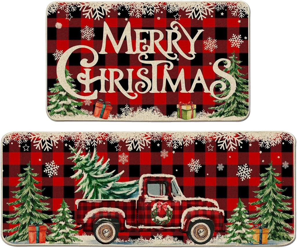 Christmas Kitchen Mats for Floor, Christmas Kitchen Rugs Set of 2 - Farmhouse Truck Red Buffalo Plaid Christmas Kitchen Decor