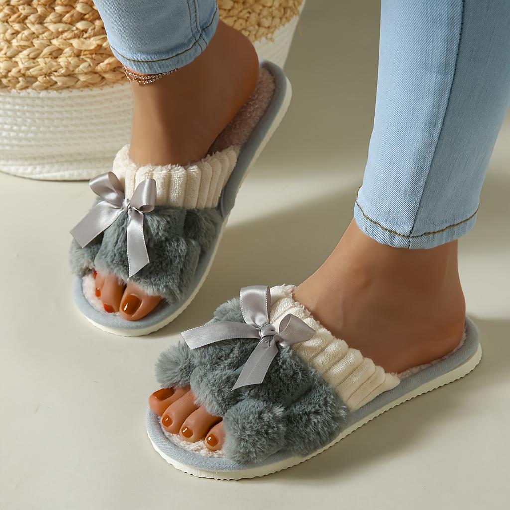 Warm Bowknot Decor Slippers, Casual Open Toe Plush Shoes, Comfortable Indoor Home Slippers