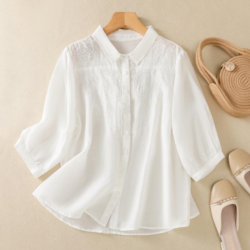 Летняя литература свободная однотонная рубашка с вышитым цветочным узором и короткими рукавами женская рубашка верх блузки и рубашки