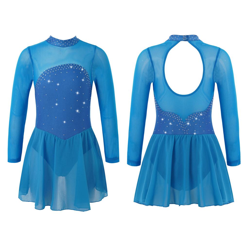 Children Girls Shiny Rhinestones Mesh Keyhole Back Figure Ice Skating Dress Long Sleeves Roller Skating Ballet Dance Leotard Dress