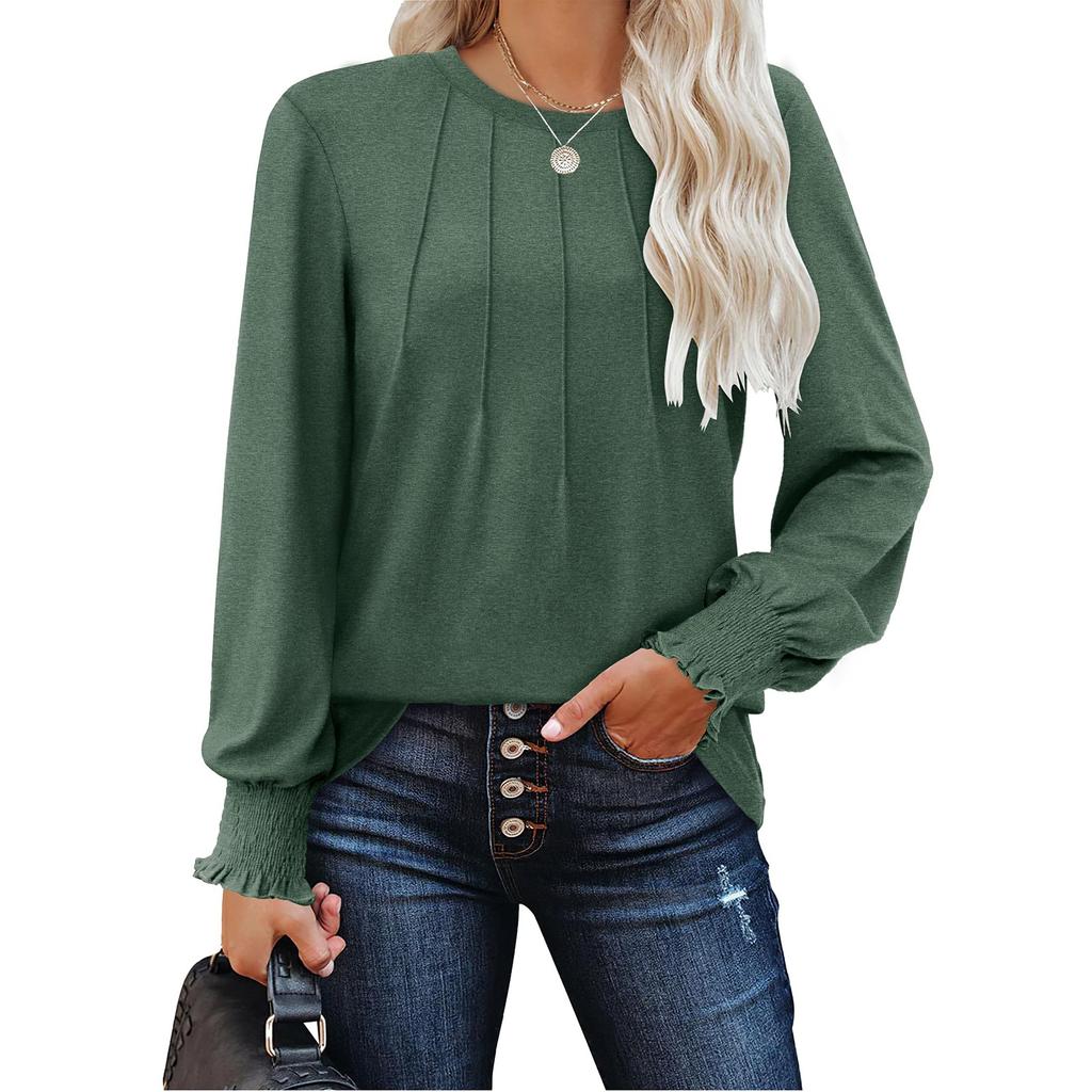 Женская модная повседневная плиссированная футболка с круглым вырезом и длинным рукавом, однотонная футболка