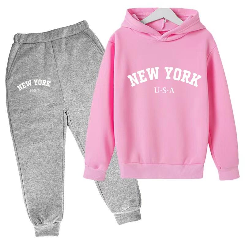 Kids Fashion Hoodie Boy Girl Toddler Pullover 3-12Years NEW YORK USA Letter Print Clothes Casual Top+Trousers 2P Coat Sports Set