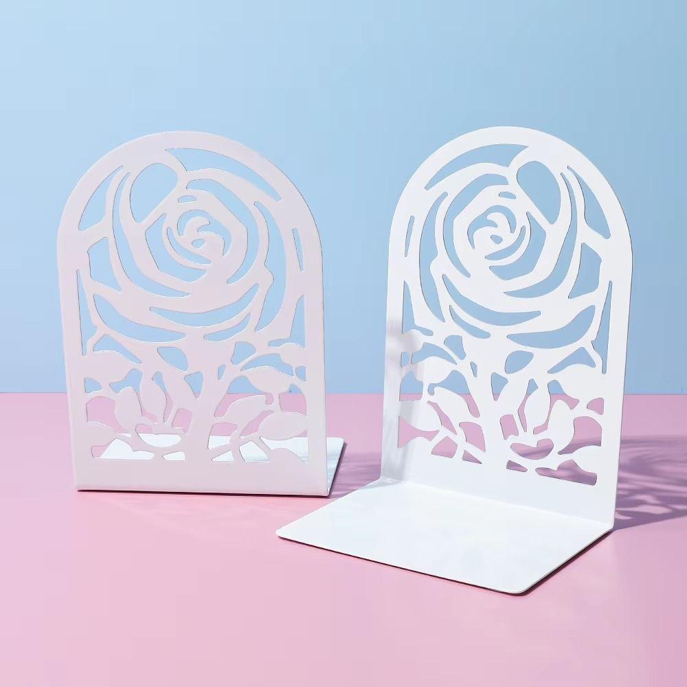 2Pcs Metal Rose Bookends Hollow Design Book Stoppers Durable Book Supports Study Room