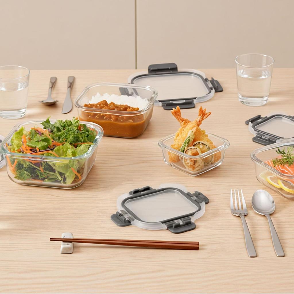 AILTEC Glass Storage Set of Airtight Glass Glass and Dishwasher with Square Heat-Resistant Containers, 4, Containers, Tupperware, Microwave, Oven,