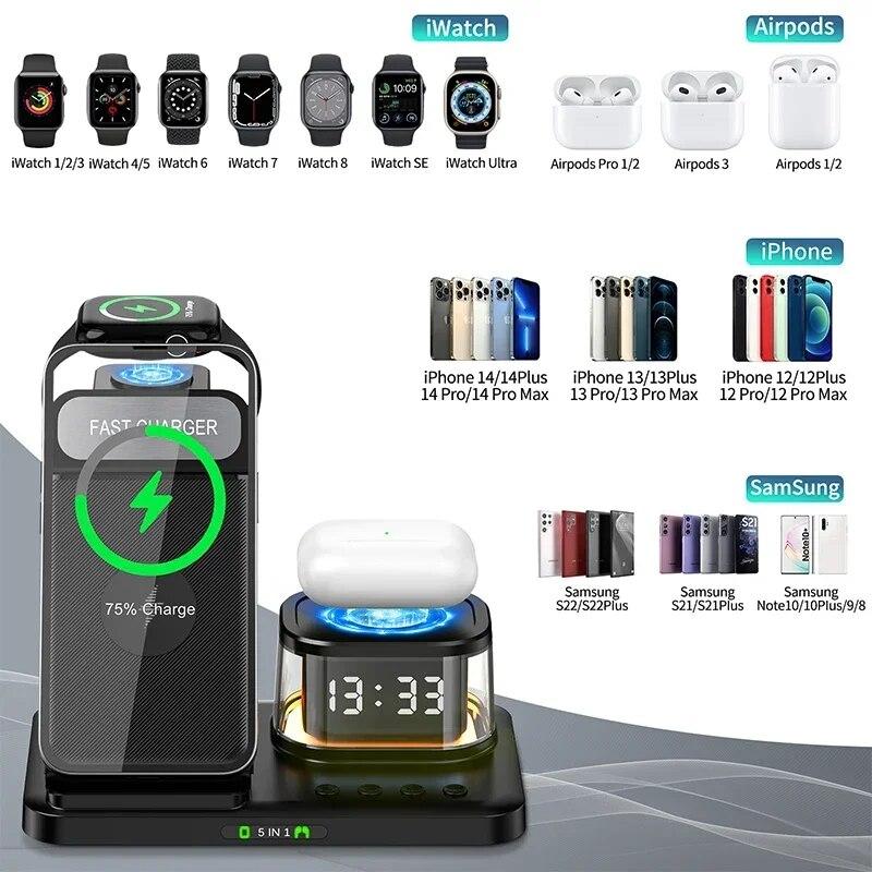 5 In 1 Wireless Charger Stand Foldable Clock RGB Night Light Fast Charging Station For iPhone15 14 13 12 Apple Watch Airpods Pro