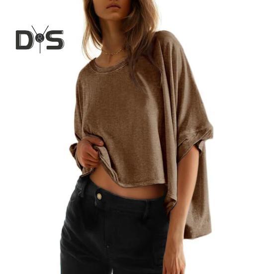 Женская летняя футболка с круглым вырезом и рукавом «летучая мышь», свободный крой, однотонная летняя повседневная футболка-пуловер, топы на каждый день