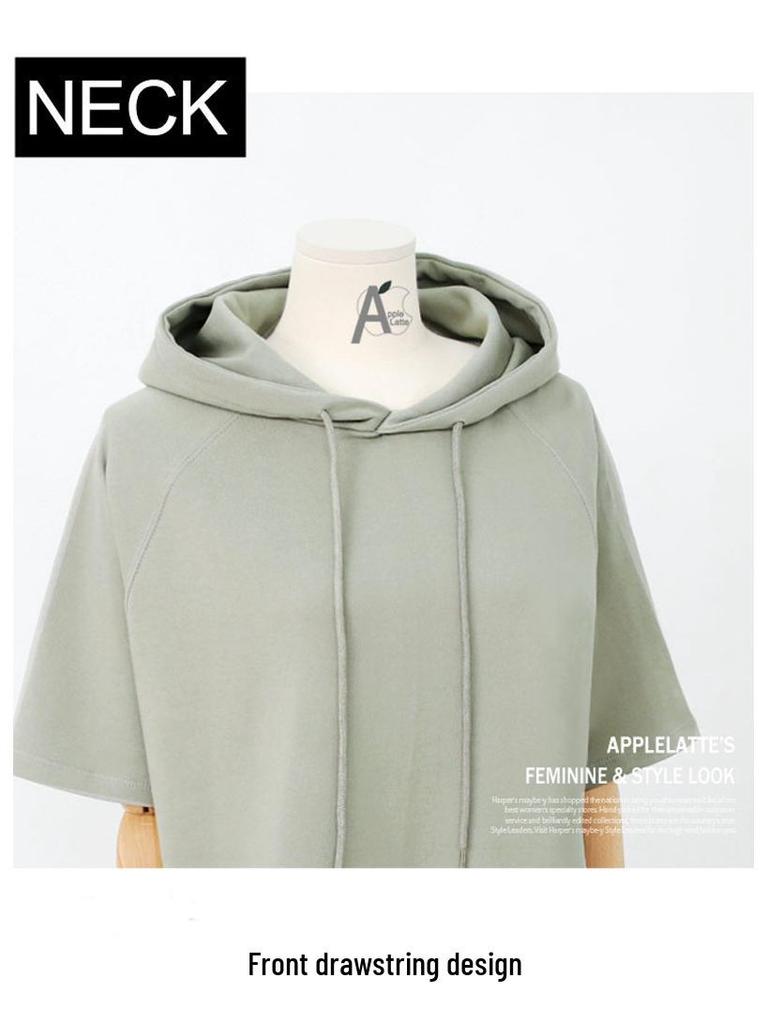 Однотонная футболка на кулиске в корейском стиле: Женская толстовка с капюшоном, с коротким рукавом, свободного кроя, летняя