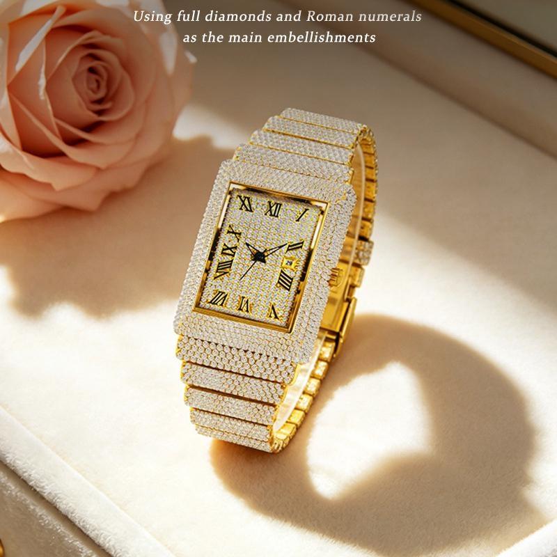 Женские квадратные часы с бриллиантами Bling Iced Out Кварцевые наручные часы с римскими цифрами Водонепроницаемые Модные часы для мужчин