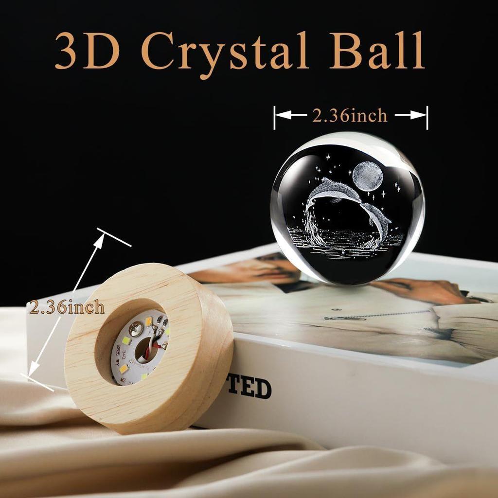 Crystal Ball Night Light Lamp with Dolphin Design Night LED Lamp with Wooden Base for Kids Room, Bedroom Home Decor, Office, Birthday