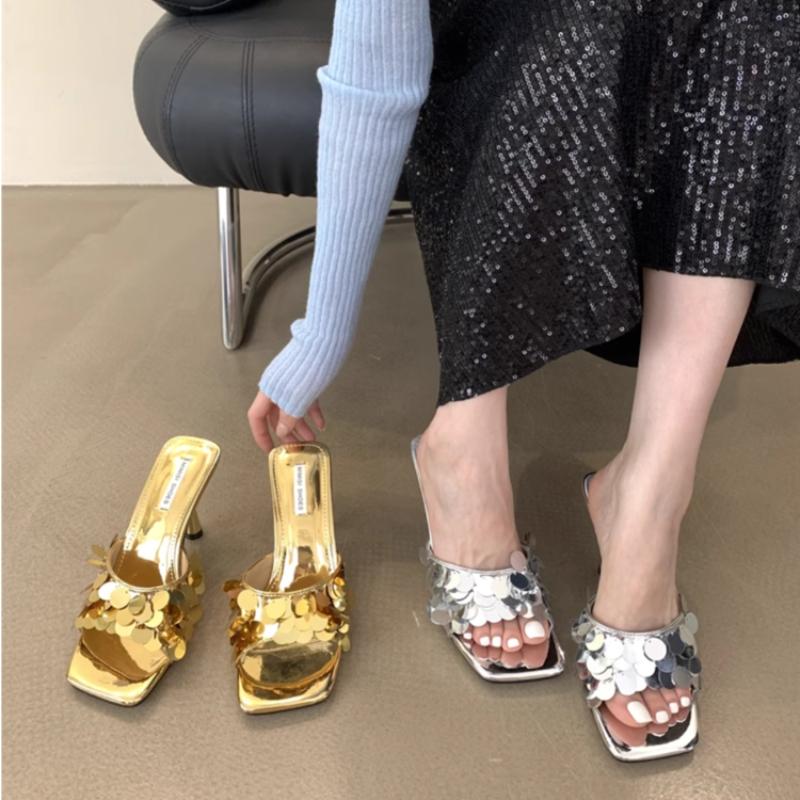 Женские сексуальные туфли на шпильках с квадратным носком, с открытым носком, классические кожаные модные летние элегантные туфли с пайетками для вечеринок на пляже