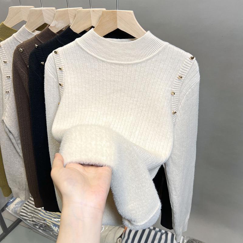 Женский осенне-зимний свитер плюс бархатная полуводолазка нижняя рубашка Единый утолщенный бархатный свитшот новый вязаный свитер верх