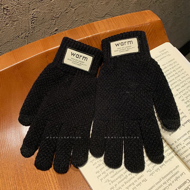 Зеленые вязаные шерстяные перчатки для женщин на зиму Корейская версия Утепленные Теплые Защита от холода для езды на велосипеде Пятипалые Сенсорные Пальцы Разделенные Пальцы Зимние