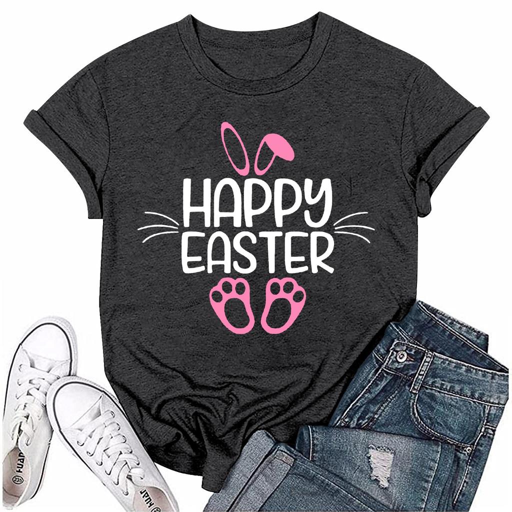 Женская модная пасхальная принтованная повседневная плиссированная круглая футболка с коротким рукавом