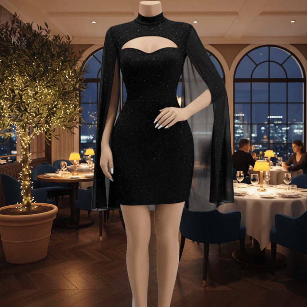 Sparkling Chiffon Cape Red Dress Half Neck Slim Evening Dress Ladies Girl