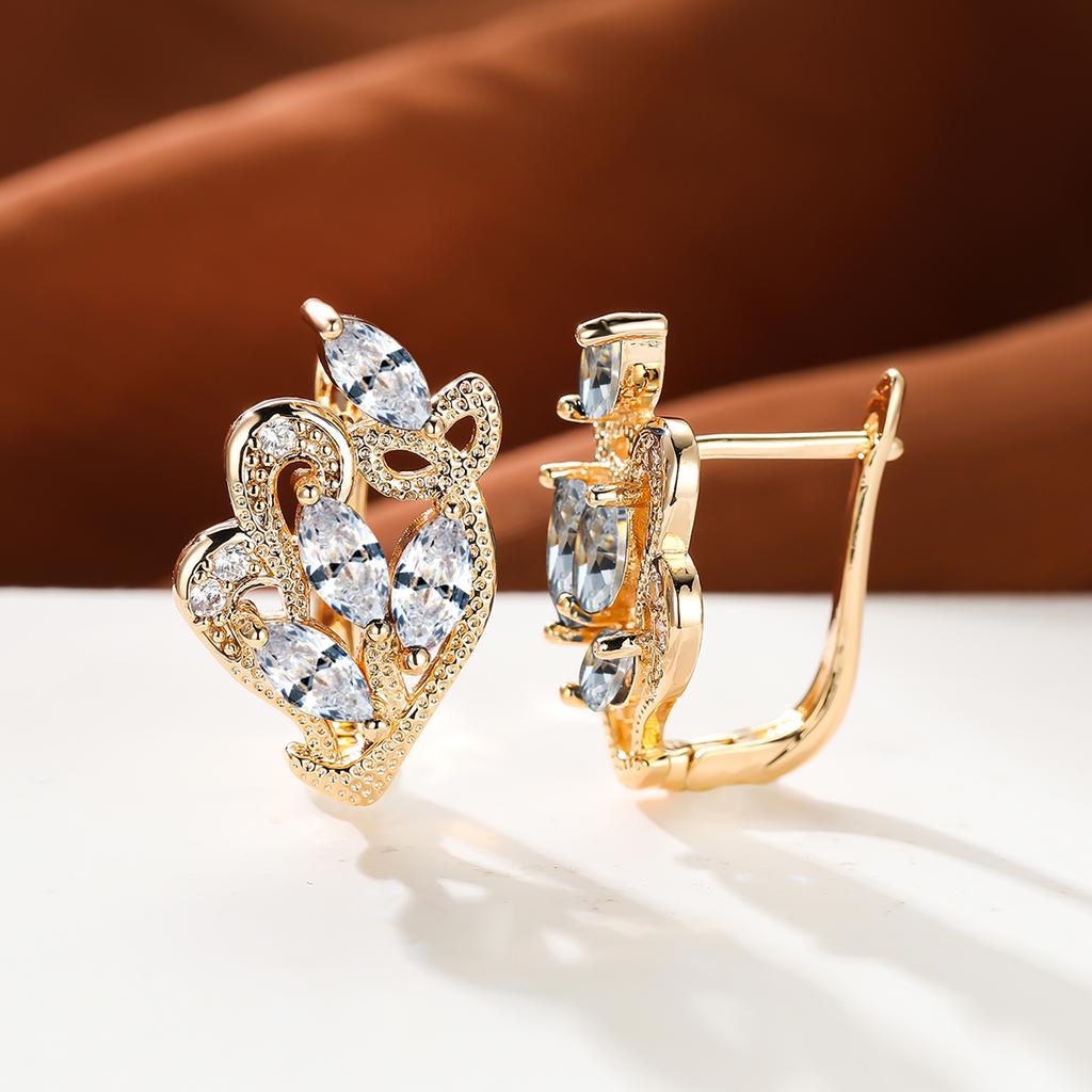 1 пара серег золотого цвета с радужным камнем и цветочным узором в виде листьев, красные, желтые, синие, зеленые, висячие полые серьги с камнями