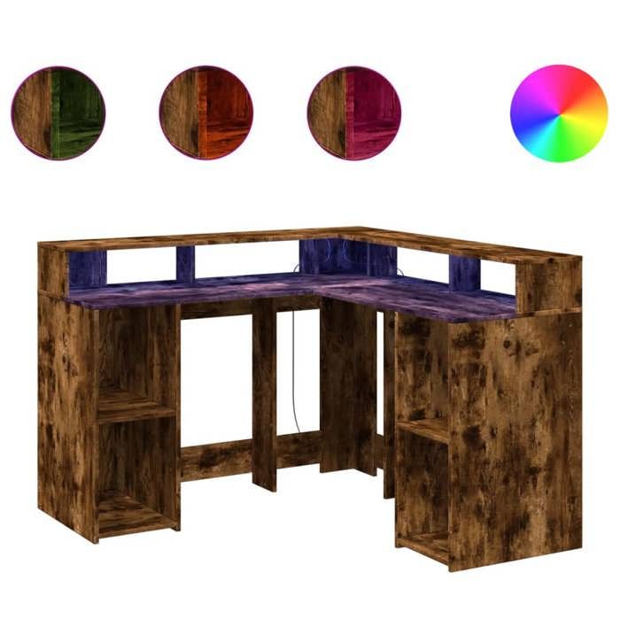 VidaXL Bureau et lumières LED chêne fumé 130x130x91cm bois ingénierie, bureau d'ordinateur, bureau d'écriture, meuble de 3309451