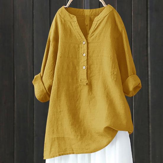 Women Casual Shirt V-Neck Buttons Half Placket Long Sleeve Blouse Solid Color Loose Fit Tunic Tops Office Lady Shirt