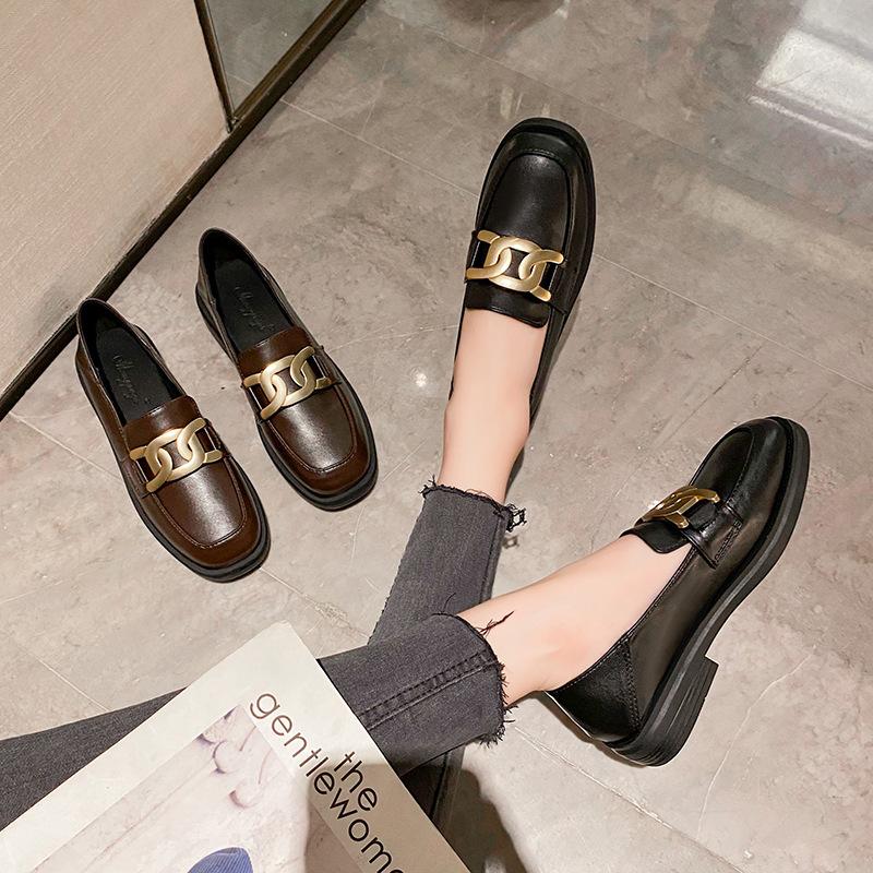 Luxury Metal Chain Oxfords Shoes Women Square Toe Loafers Black/Brown Leather Flats Mujer Mocasines Office Daily Sneakers