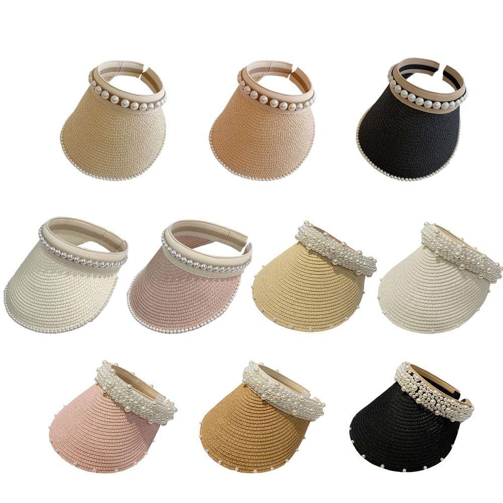 Wide Brim Sun Hat Pearl Decorated Straw Hat Imitation Pearl Beach Hat UV Protection