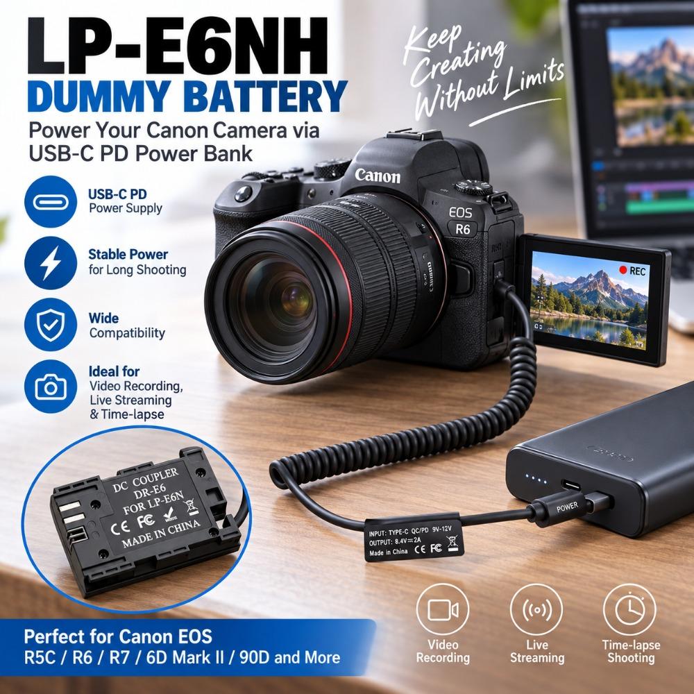 Dummy Battery Adapter for Canon 5D/5D/5D4/6D/6D2/60D/7D/7D2/70D/80D/90D/5DSR/R/R5/R5C/R6/R6II/R7