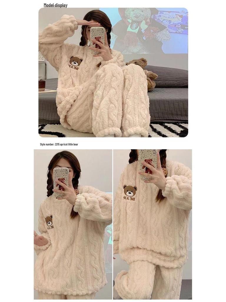 Женский зимний пижамный комплект из кораллового флиса: Милый, Утепленный, На велюровой подкладке, С длинным рукавом, Свободный фланелевый домашний костюм, Можно носить на улице