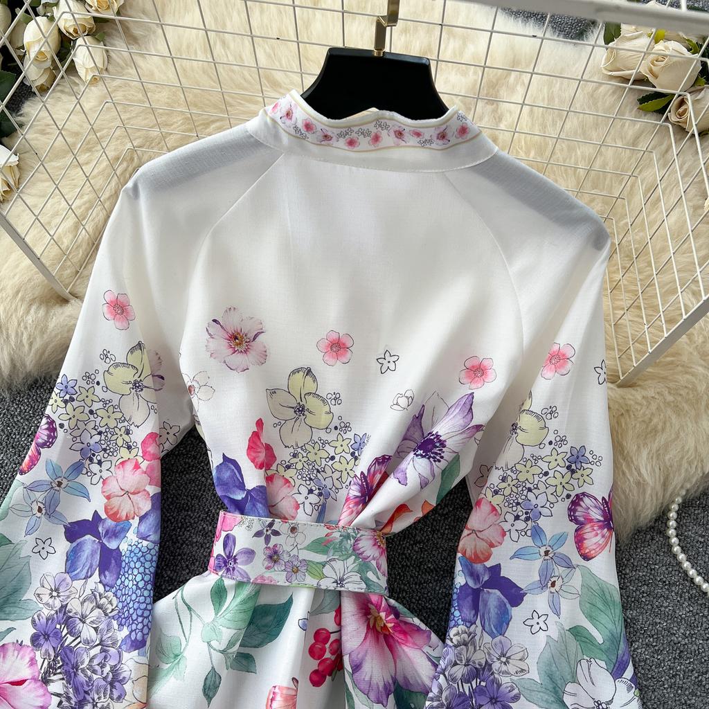 Весна-лето Женские однобортные платья с рукавами-фонариками и принтом, длинные макси, для отдыха на пляже, с поясом