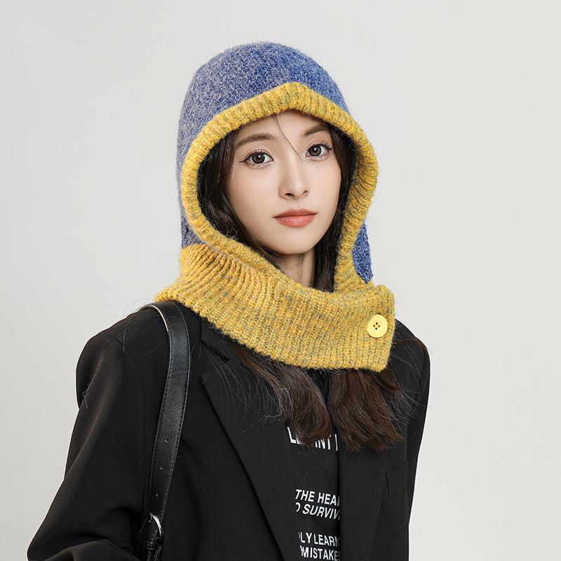 Осенне-зимняя шапка-балаклава Douyin, женская модная теплая шапка-шарф, интегрированная защита ушей, муфта