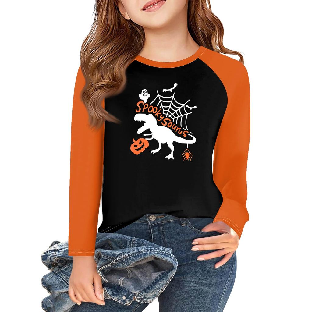 Футболки с длинным рукавом для девочек на Хэллоуин, детские осенние топы с круглым вырезом, базовые футболки 5-14 лет