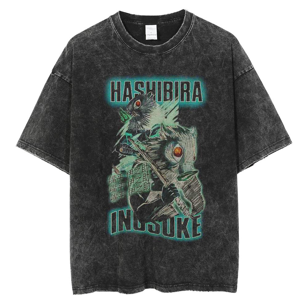Hot Anime Demon Slayer Kokushibo Graphic Print Washed T Shirt Men Vintage Cotton Tshirts Manga Casual Tee Harajuku Male T-shirt