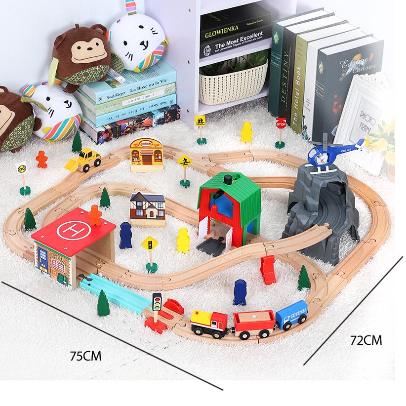 Трек-комплект, детская игрушечная железная дорога, вертолетная площадка, транспортная пещера, поезд, деревянный, совместимый с деревянными автомобилями 1:64 Старше трех лет