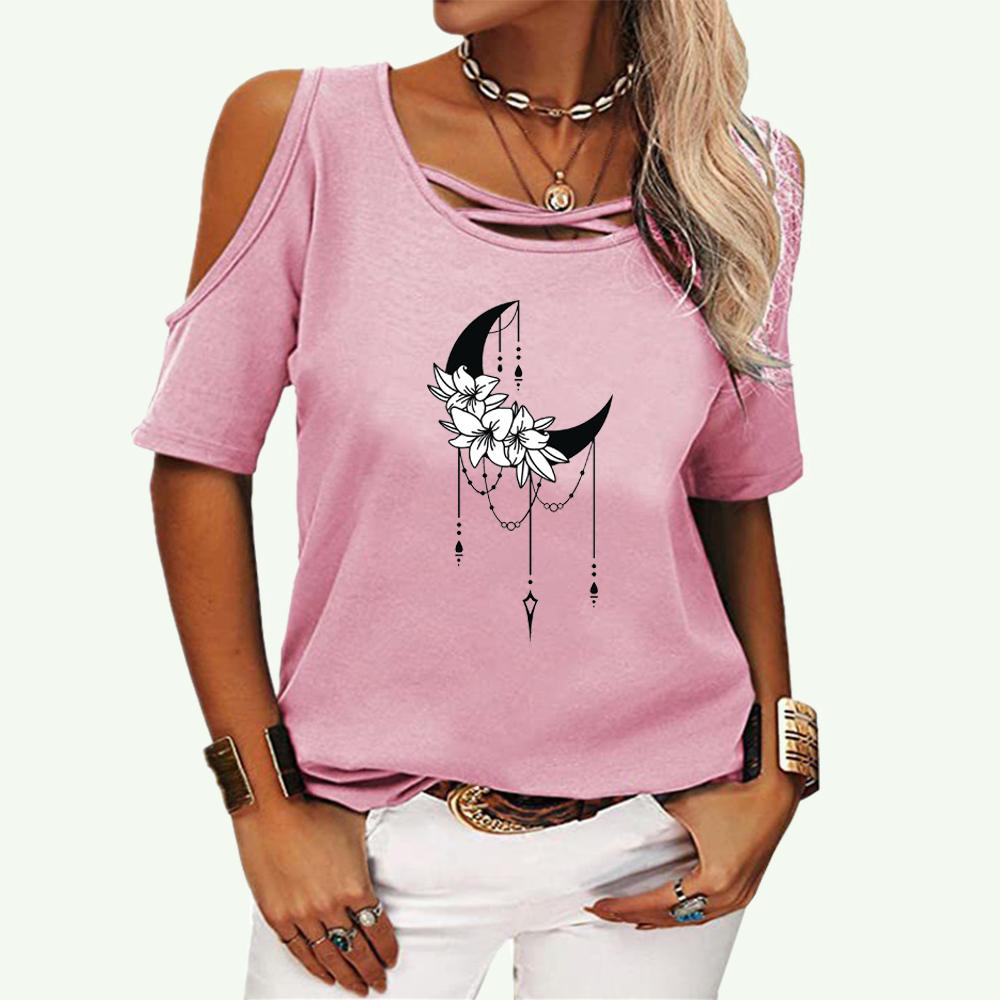 Women Fashion Print Short Sleeve T-shirt Ladies Off Shoulder Top Casual Round Neck Summer Tee Shirt