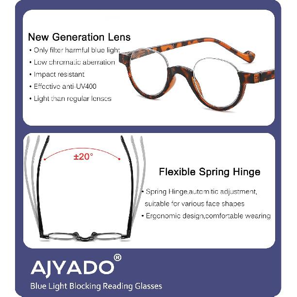 2 Pack Vintage Reading Glasses Round Durable Readers 99% Blue Light Blocking Half Frame Computer Women Men Cheaters