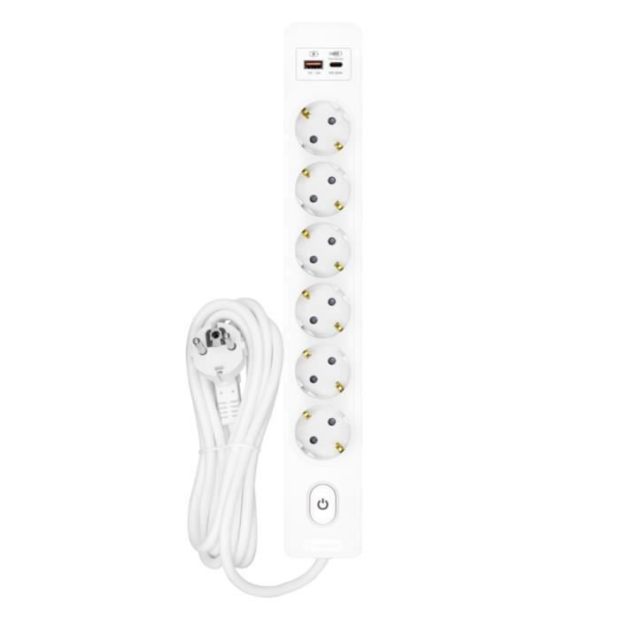 SELDUR G6TH22B Power Strip, 6 Type F Sockets + Switch, USB A+C Fast Charge 20W, White, 2m Cable