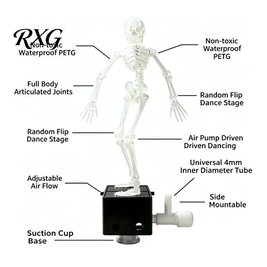 Water Safe Aquarium Decor Dancing Skeleton, Pneumatic Moving Bone Figurine for Fish Tank, Funny Halloween Accessory Waterproof Skeleton Ornament with