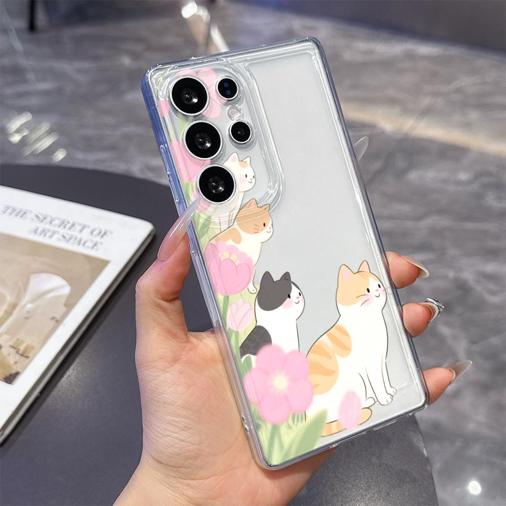 Чехол для телефона «Кошки среди розовых цветов» для Samsung Galaxy S26 S25 S24 S23 S22 S21 S20 FE Plus Прозрачный защитный чехол из ТПУ