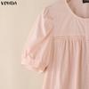VONDA Wemen Casual Round Neck Puff Sleeve Embroidery Hem Buttons Blouse
