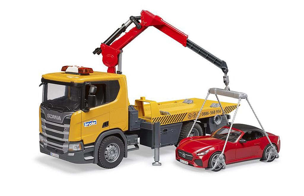 Toy Tow Truck Bruder Scania Super R Yellow with Removable Roof Roadster Model BR03552