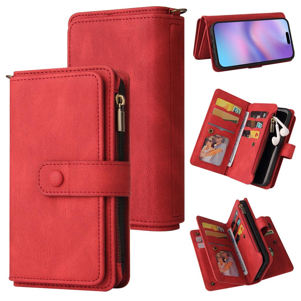 For iPhone 17 Zipper Wallet Case with 15 Card Slots and Strap Leather Phone Cover