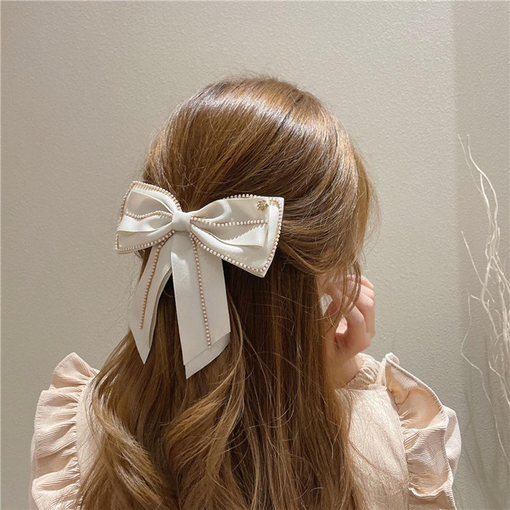 Gift Fashion Pearl Chain Women Side Clip Bow Hair Clip Spring Clip Hair Accessories
