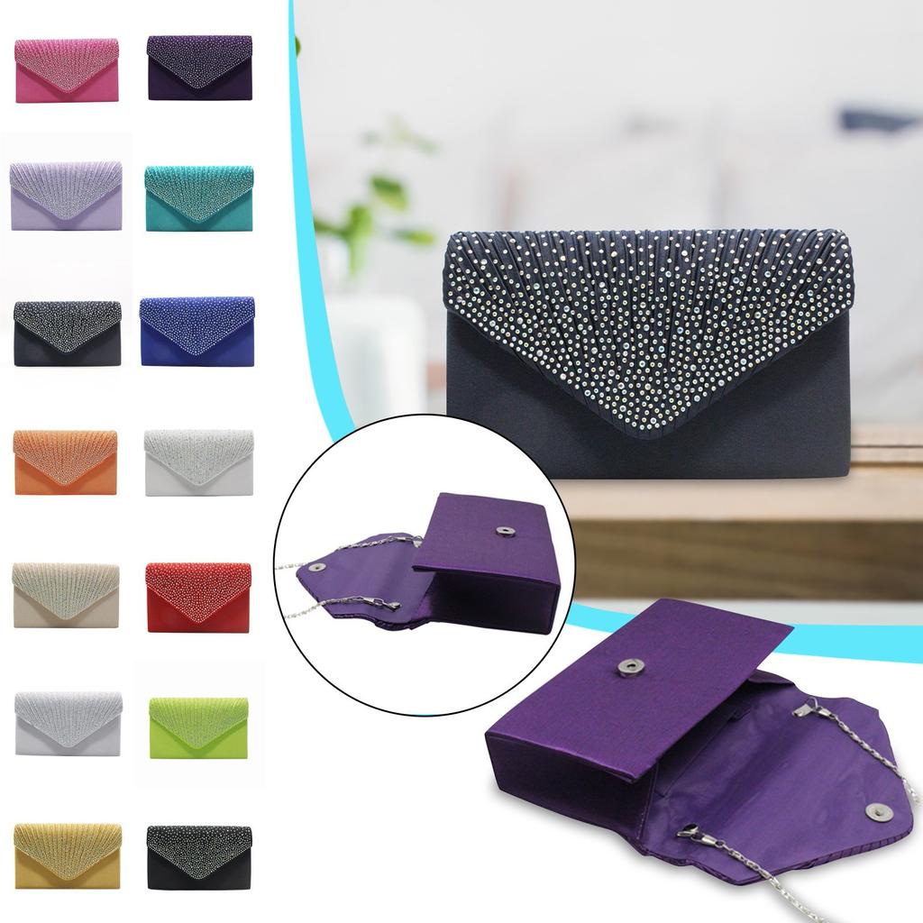 Women's Fashion Elegant Silk Belt Drill Clutch Evening Prom Handbag Purse